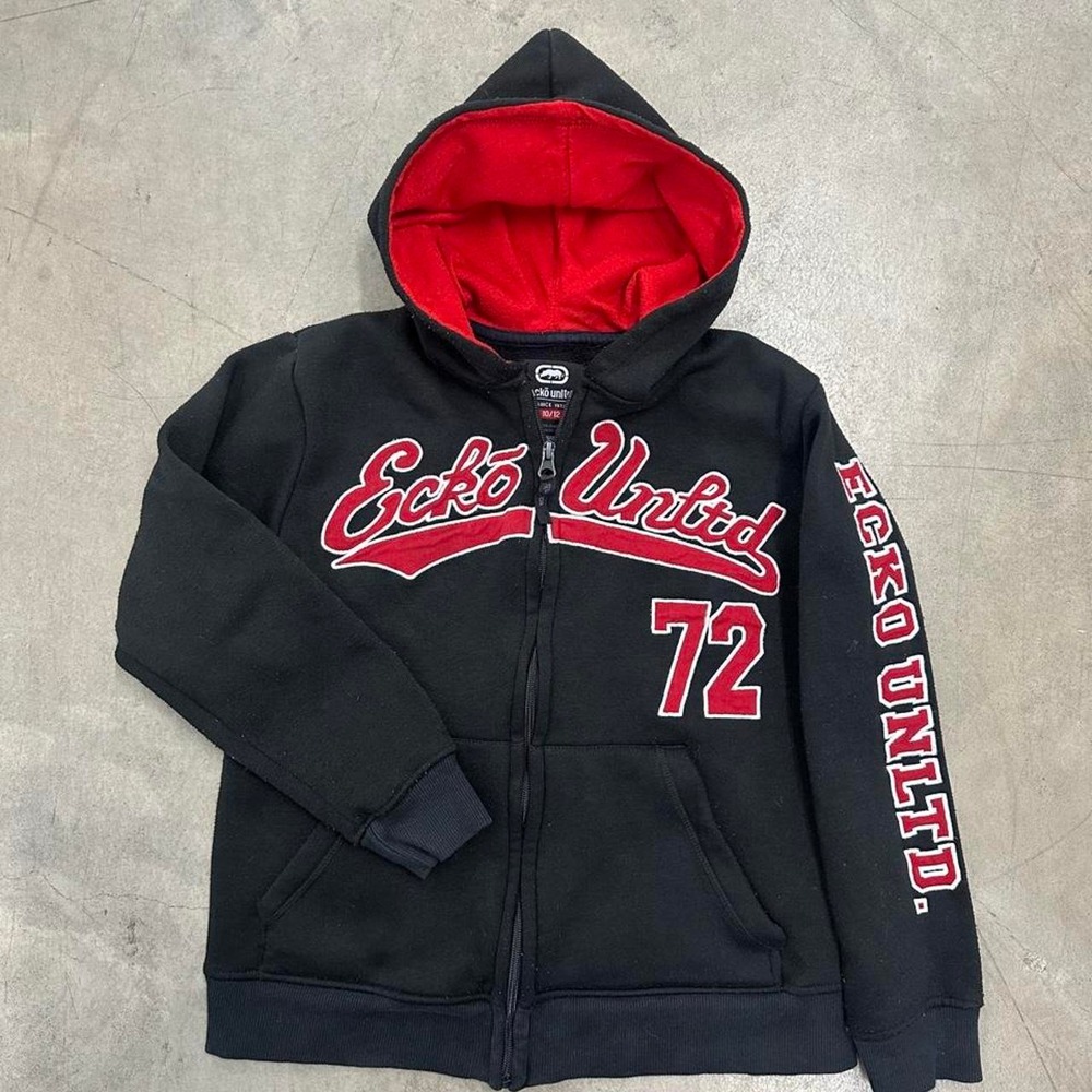 Y2K Ecko Unltd Zip Up Hoodie Black Red Graphic Youth